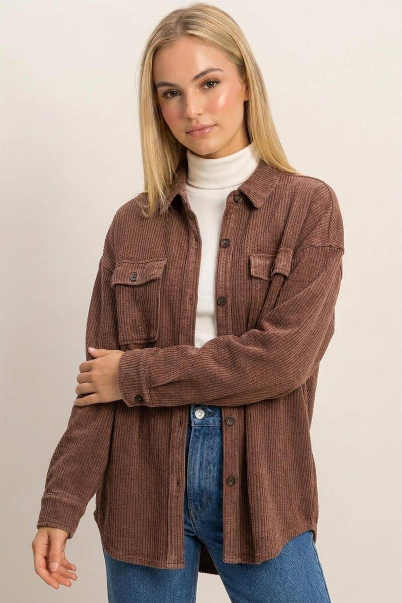 Mineral Wash Waffle Knit Button-up Shacket