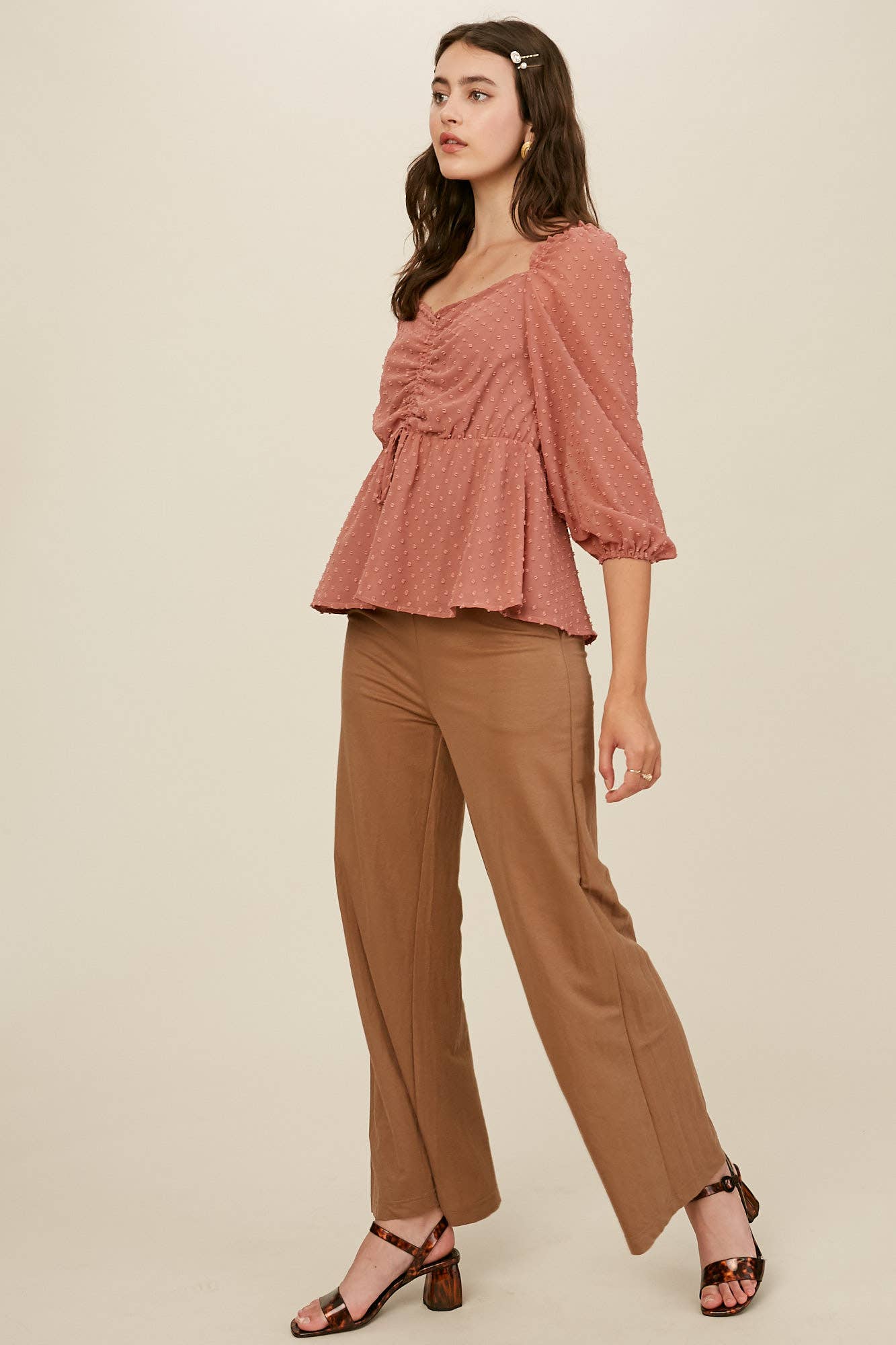 Swiss Dot Ruched Peplum Blouse