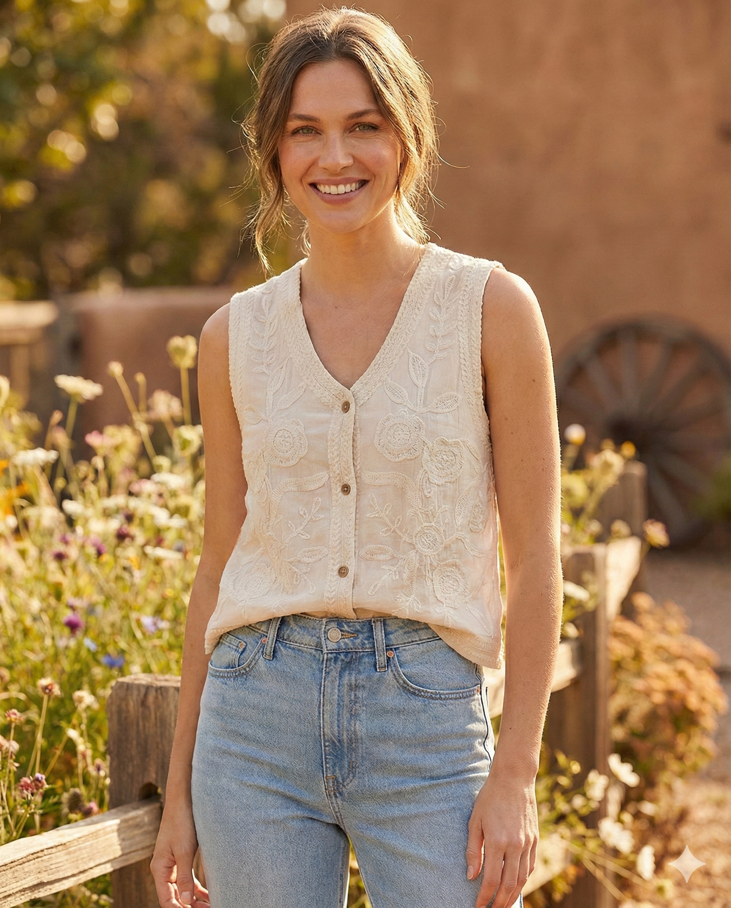 Women's Cotton Embroidered Button Front Sleeveless Top-Vest