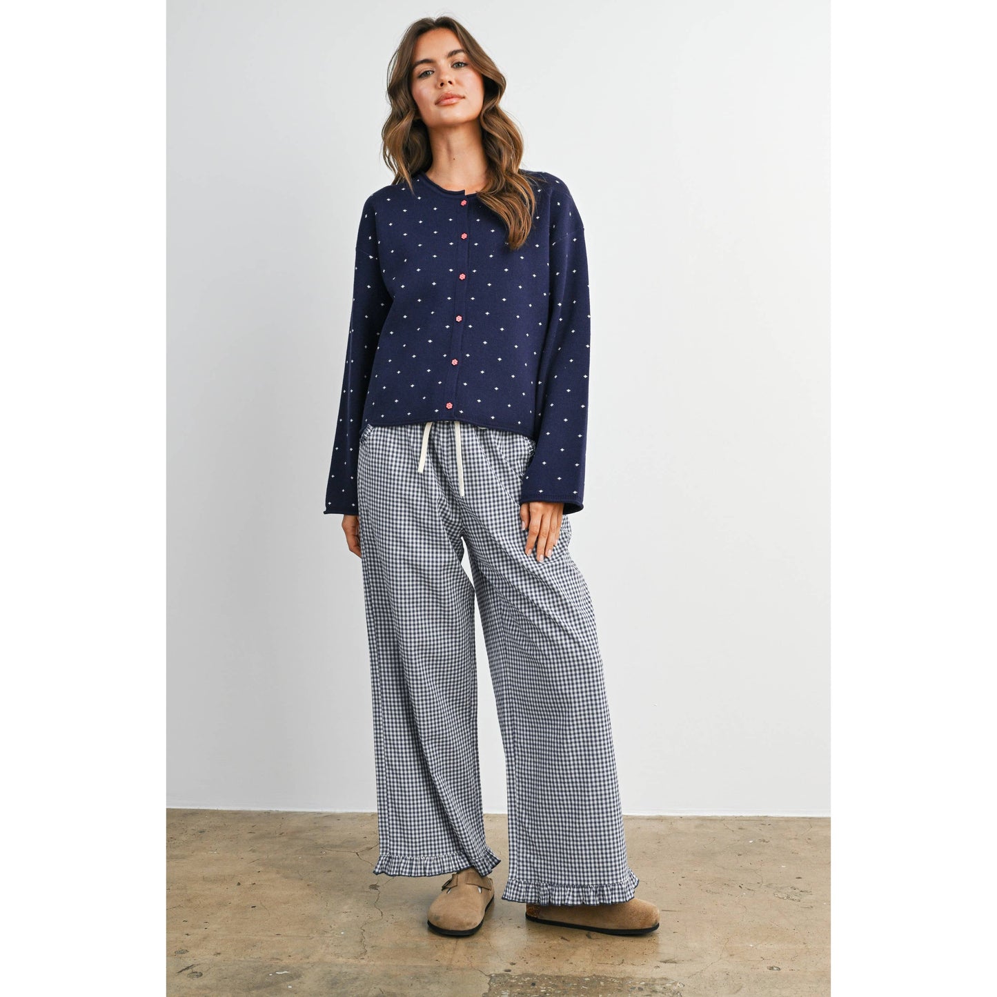 Women's Striped Ruffle Hem Cropped Pants- BMP8476