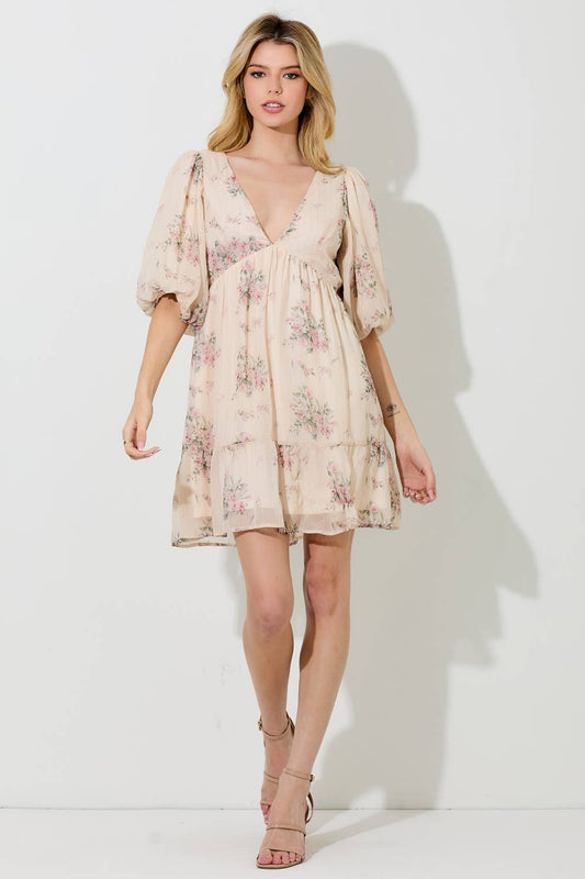 FLORAL PRINT DEEP V-NECK MINI DRESS