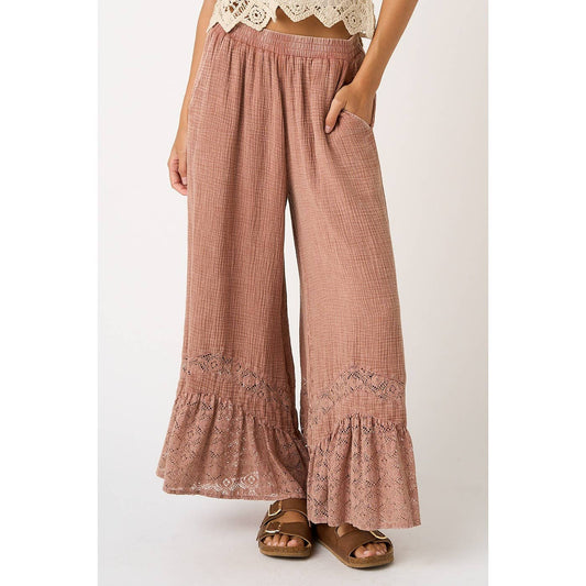 LACE HEM ELASTIC WAIST WIDE LEG