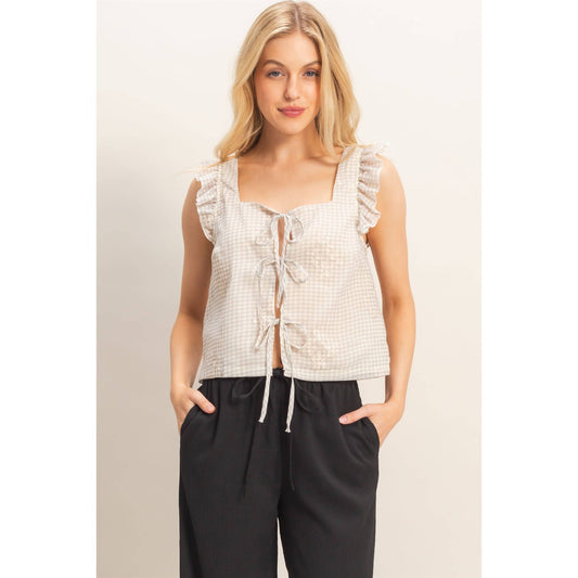 Embroidered Gingham Tie Front Top