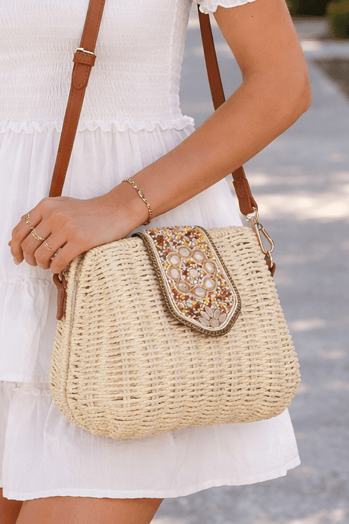 Straw Crossbody Bag Beaded Buckle