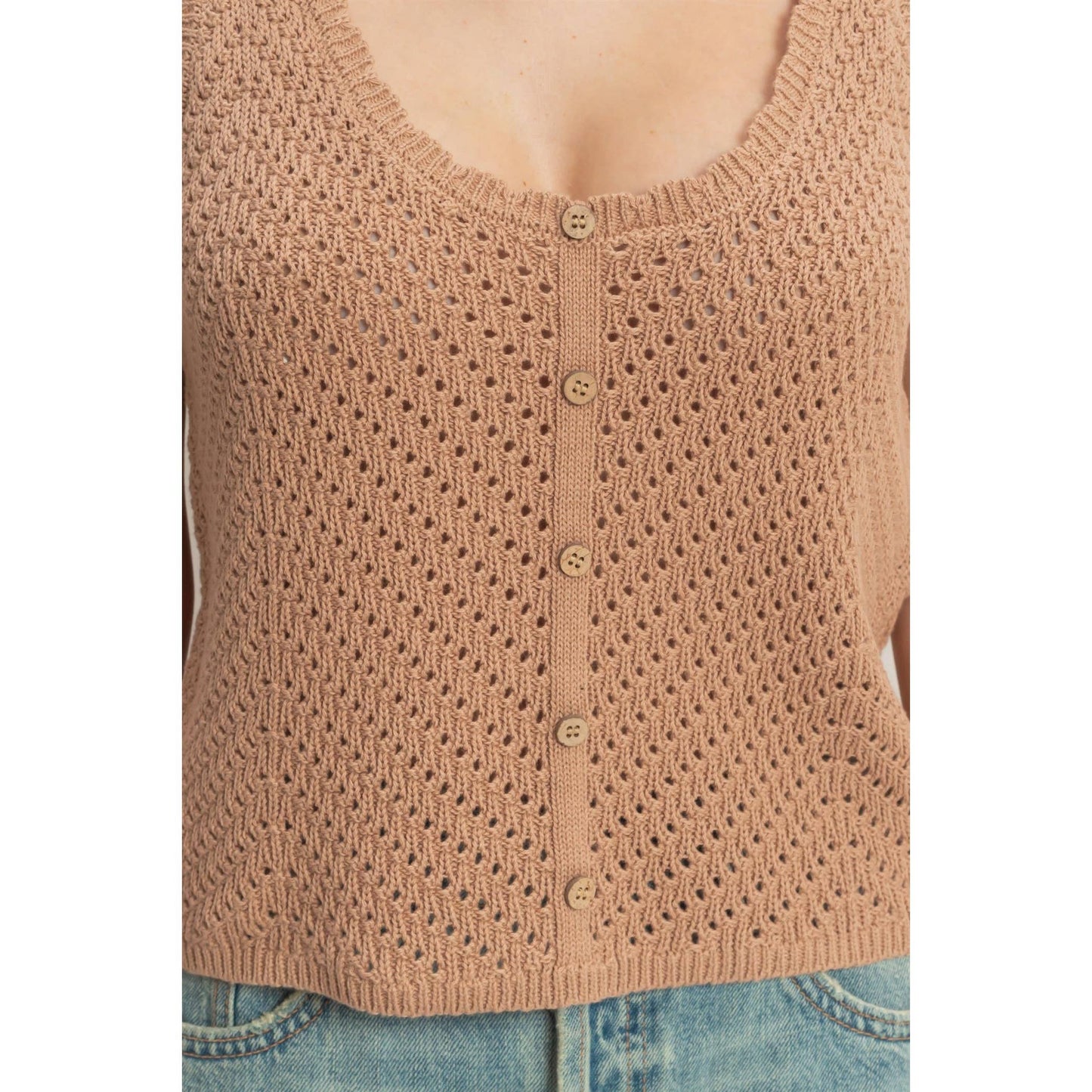 Open Knit Scallop Edge Button Front Tank Top