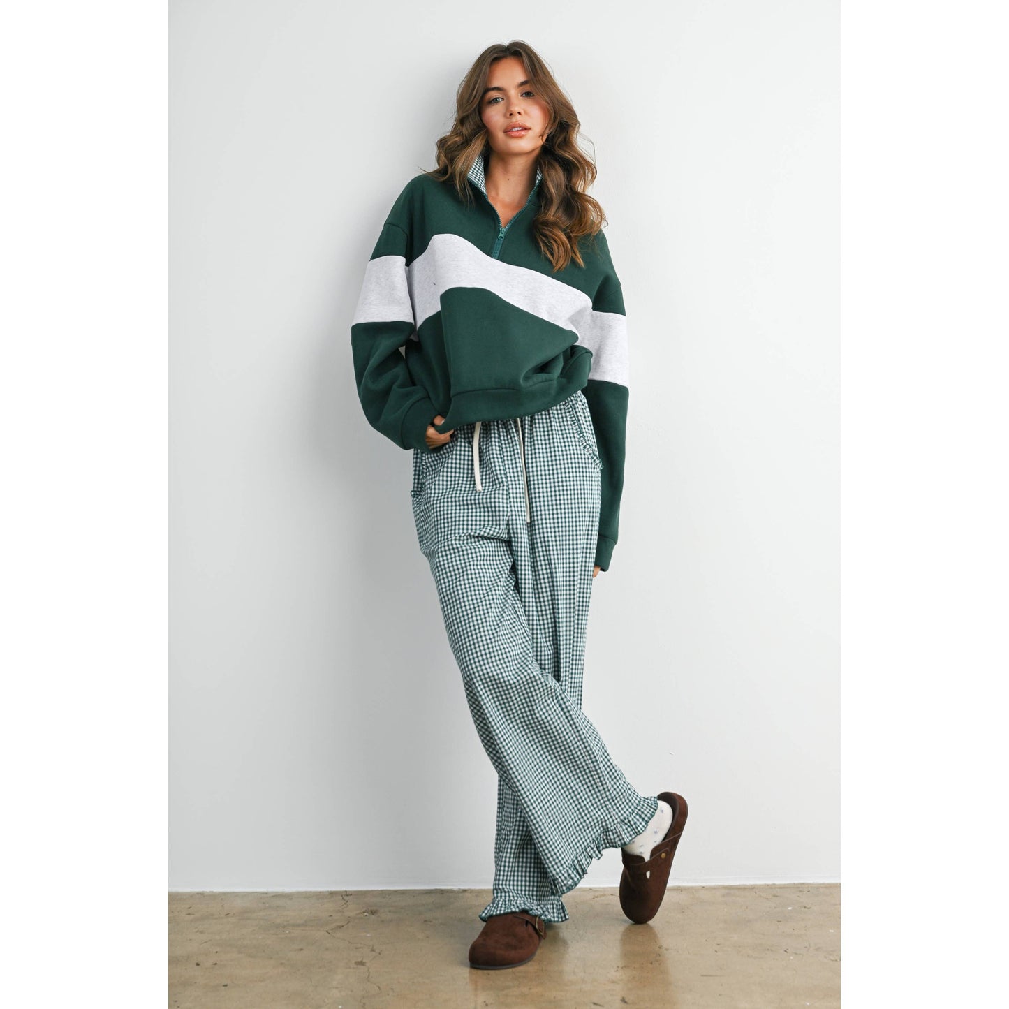 Women's Striped Ruffle Hem Cropped Pants- BMP8476