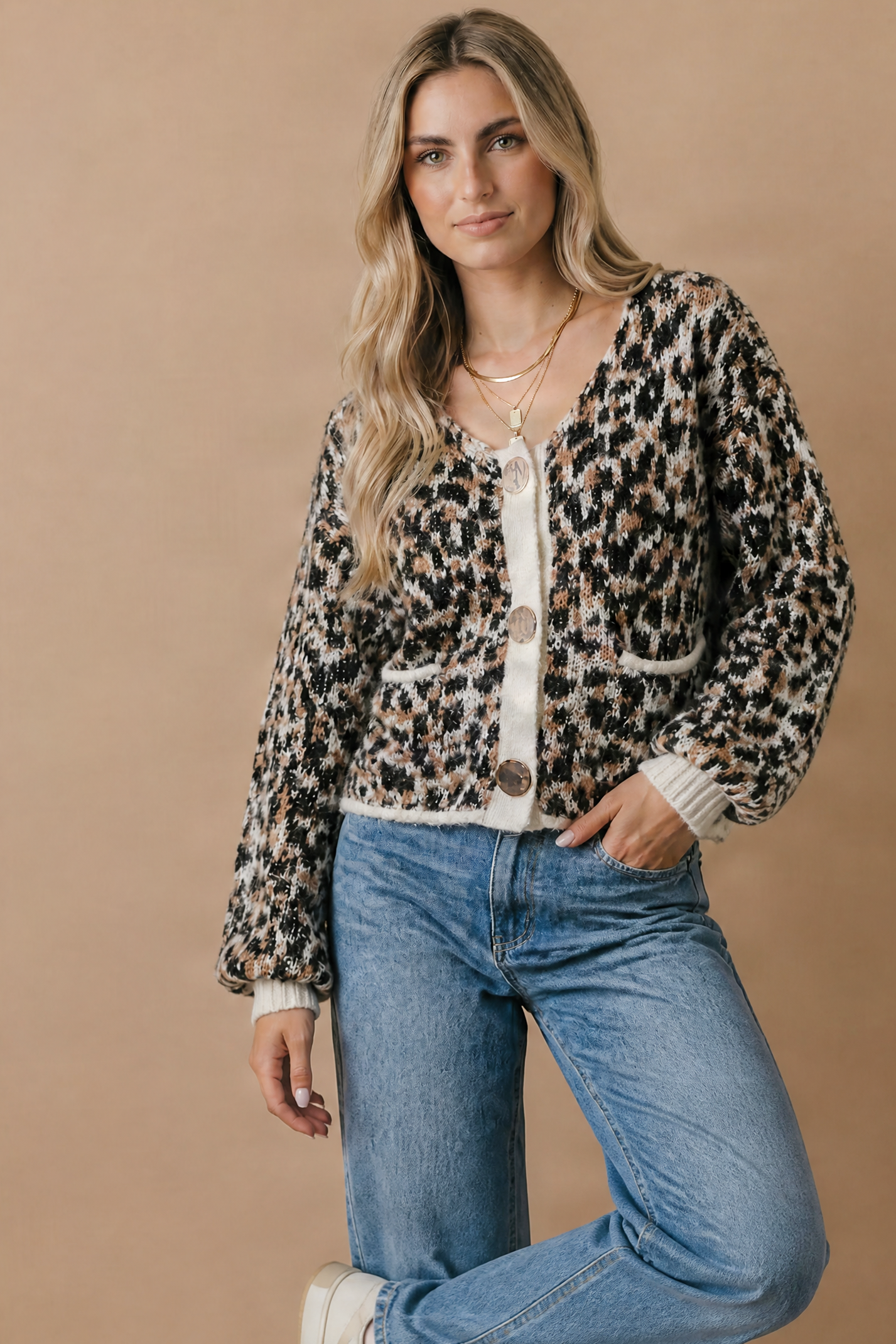 Plus Scoop Neck Leopard Gold Buttons Cardigan