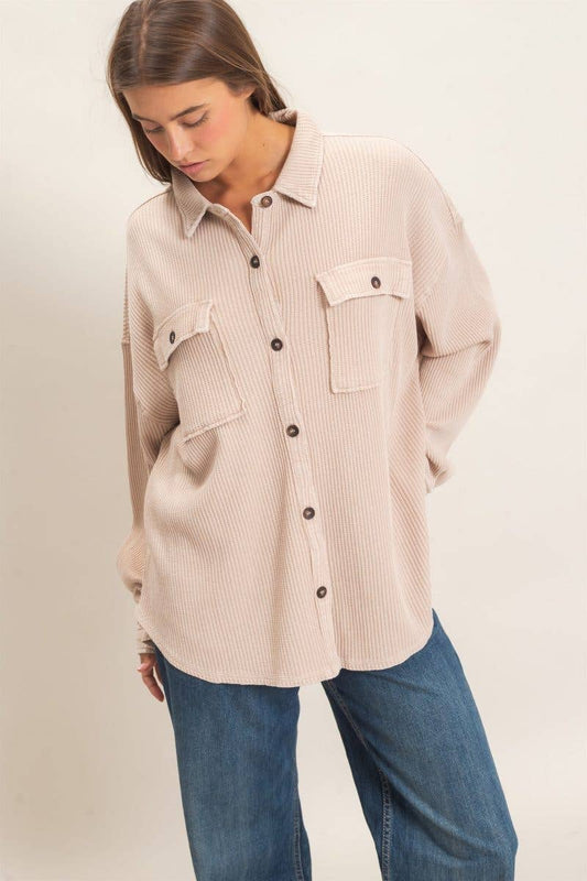 Mineral Wash Waffle Knit Button-up Shacket