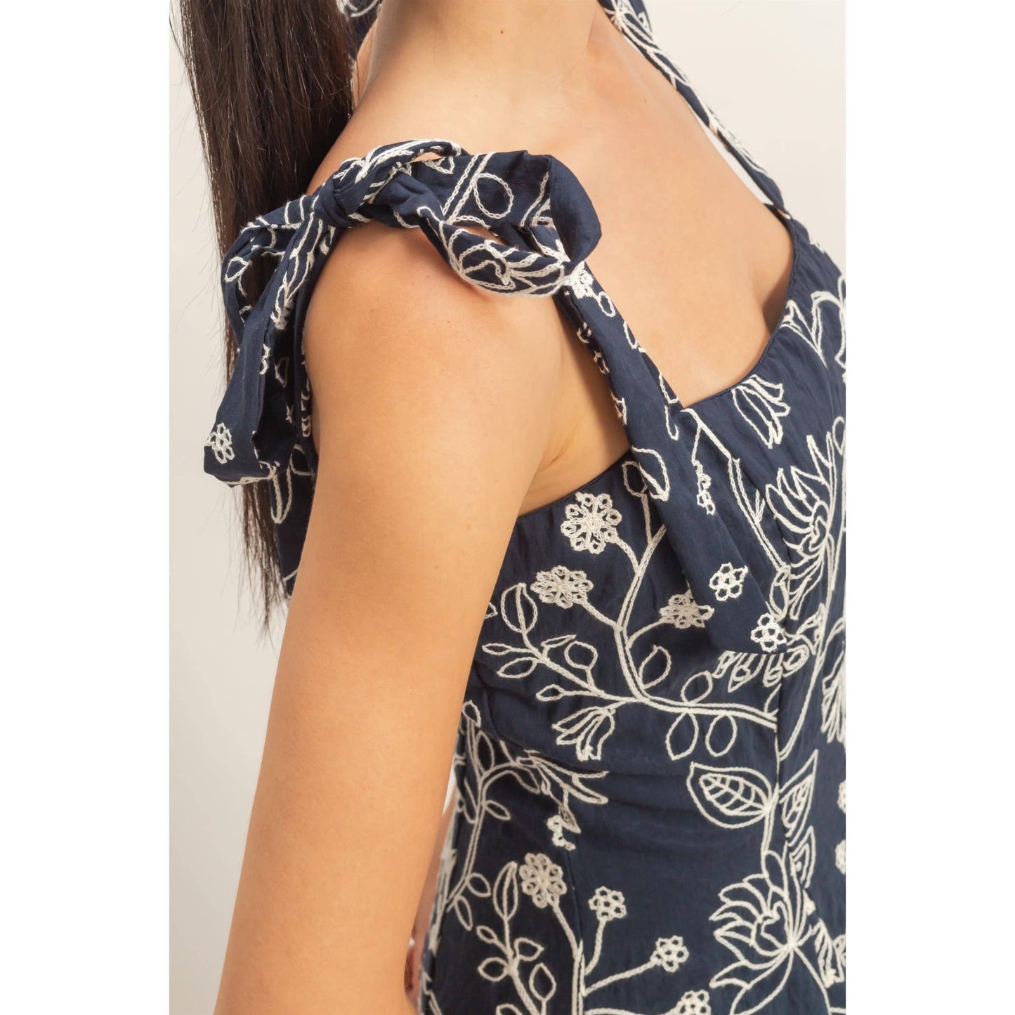 Floral Embroidery Tie-Strap Romper