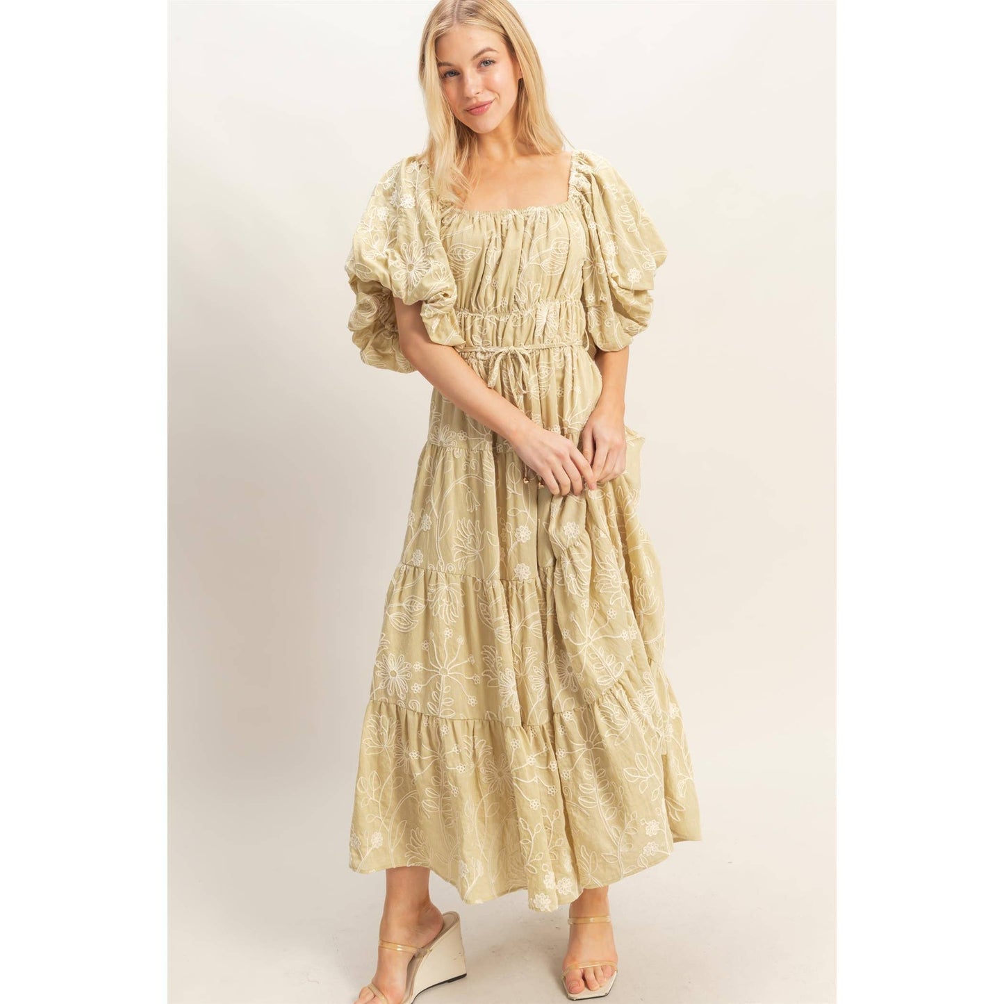 Floral Puff Sleeve Midi Dress: LIGHT BROWN / S-M-L(2-2-2)