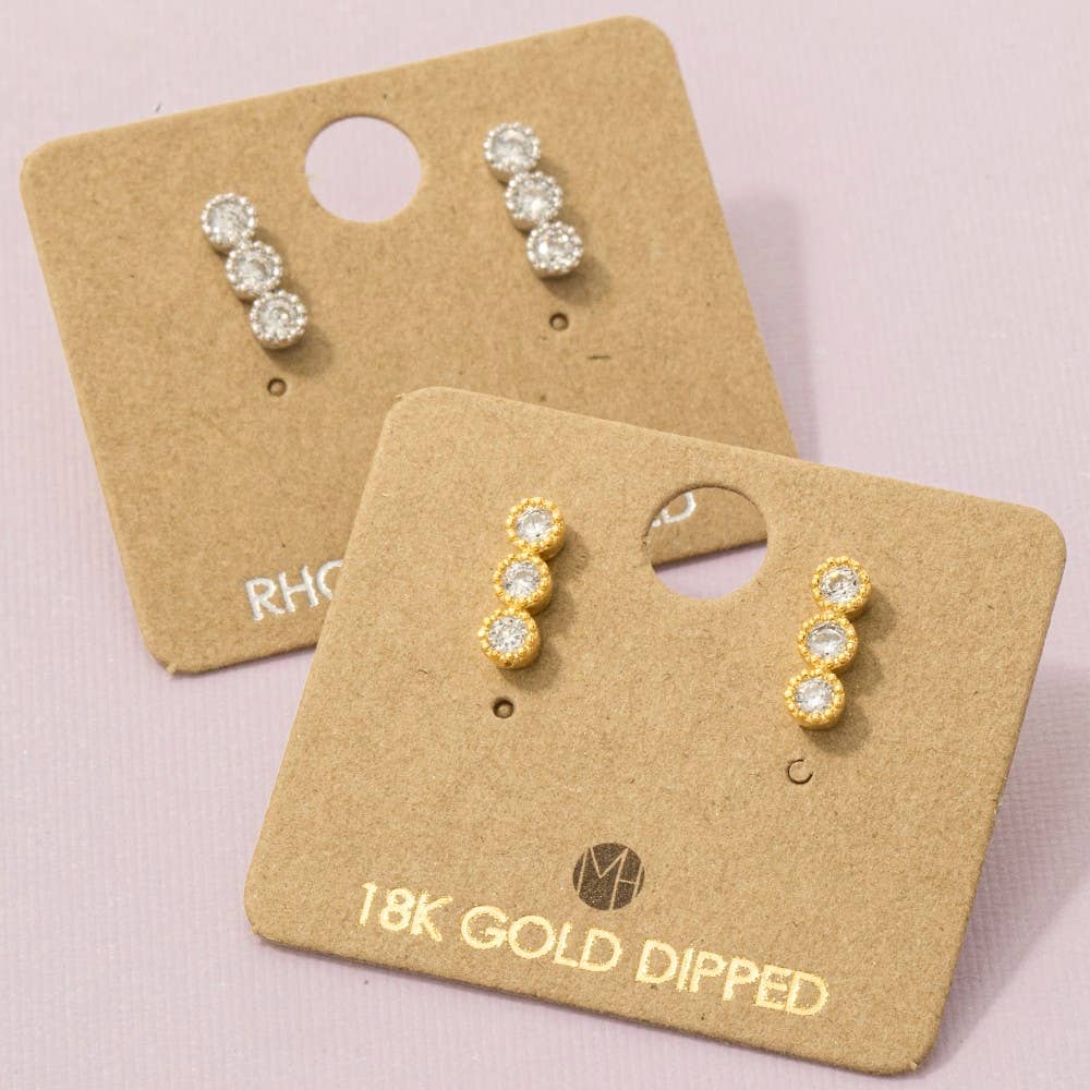 Gold Dipped Cz Triple Stud Bar Stud Earrings