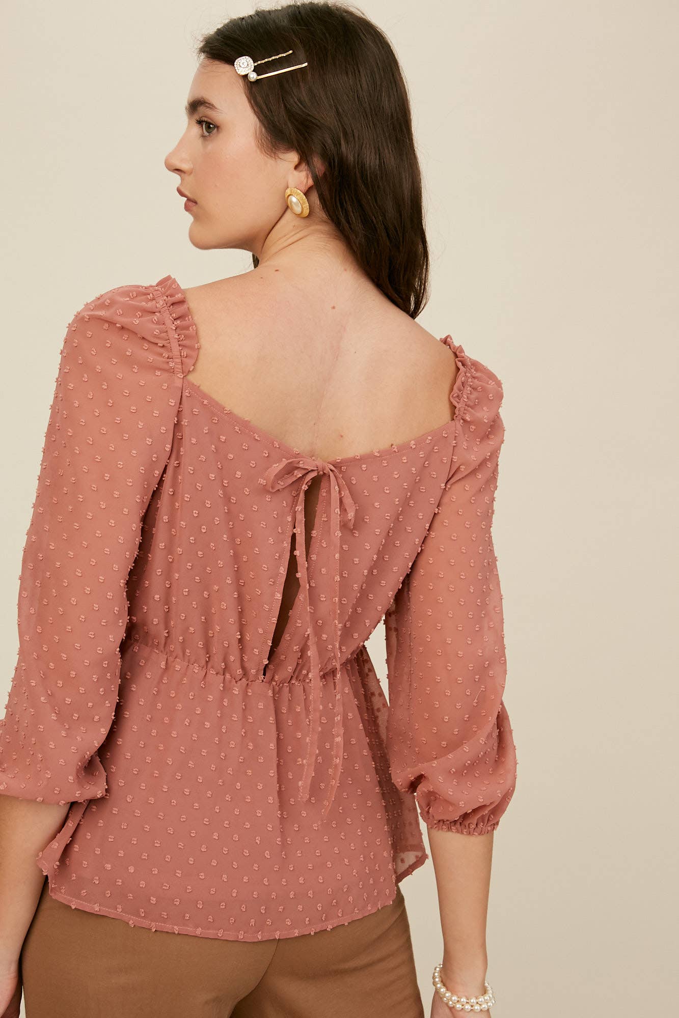 Swiss Dot Ruched Peplum Blouse