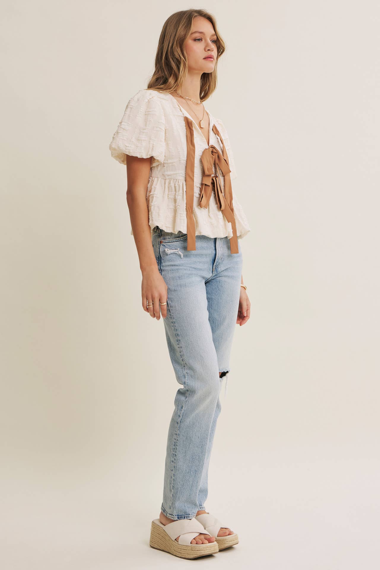 BUBBLE  BOW FRONT BABYDOLL BLOUSE