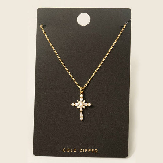Gold Dipped Intricate Cz Cross Pendant Necklace
