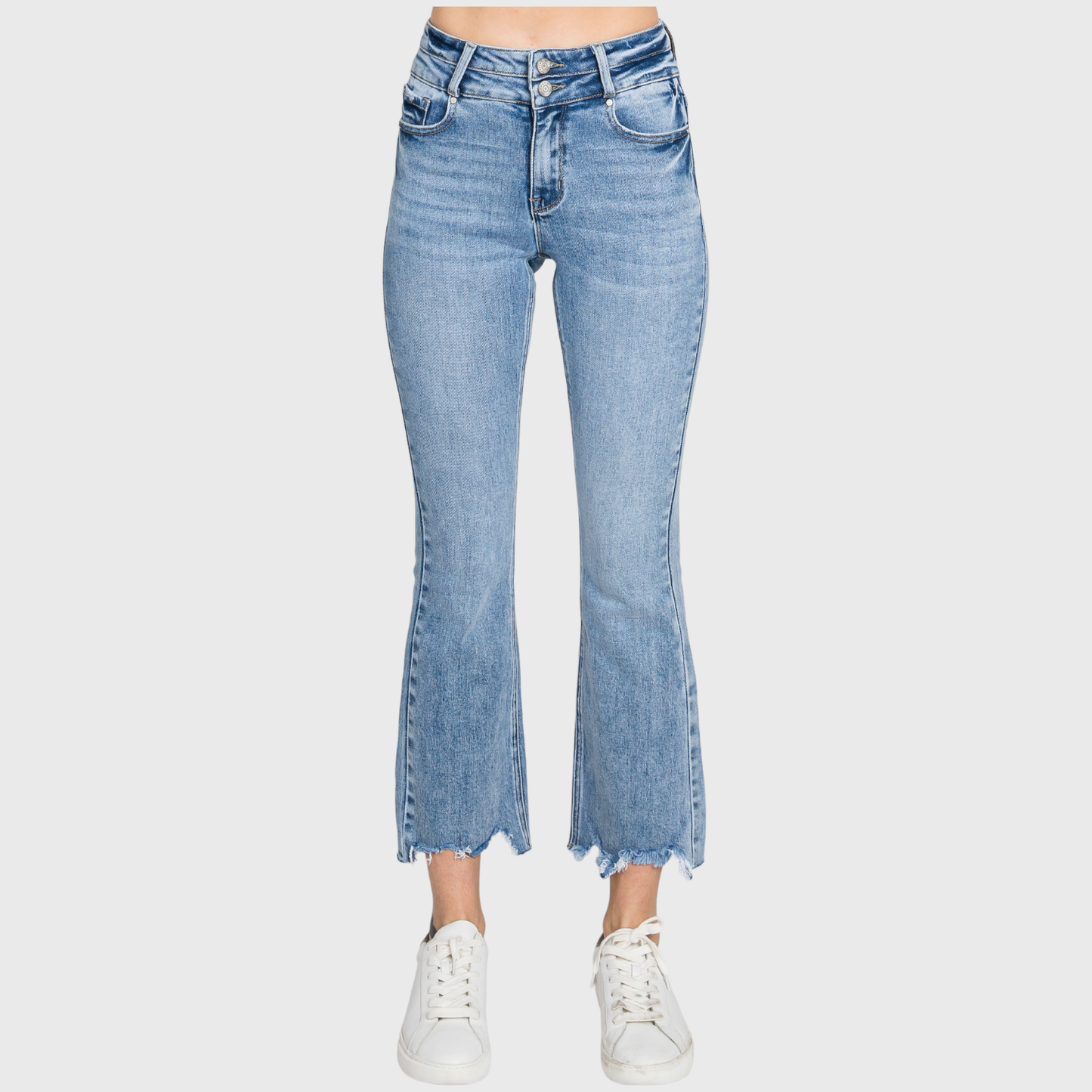 HIGH RISE CROP BOOTCUT JEANS W/ FRAYED HEM