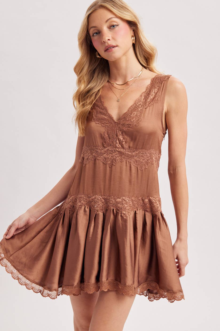 SATIN SLIP V-NECK LACE TRIMMED BABYDOLL MINI DRESS