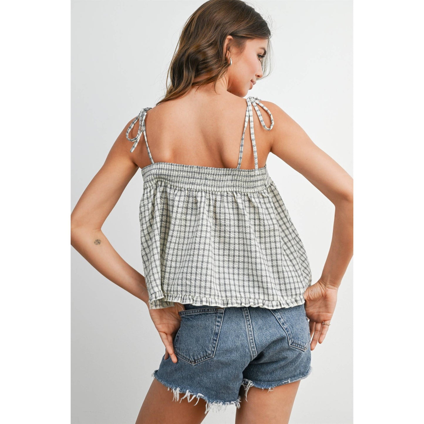 Plaid Tie Shoulder Tank Top-BMT8424