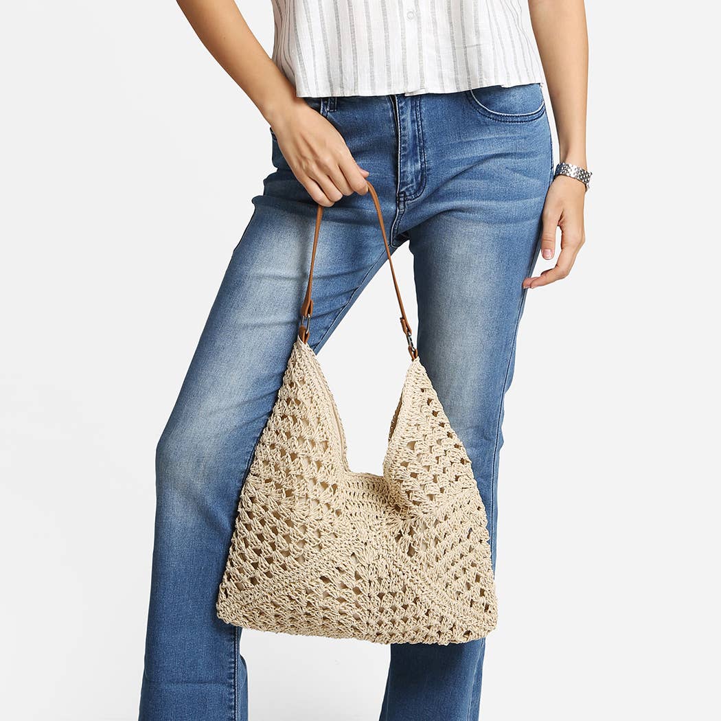 Triangular Pattern Straw Shoulder Bag