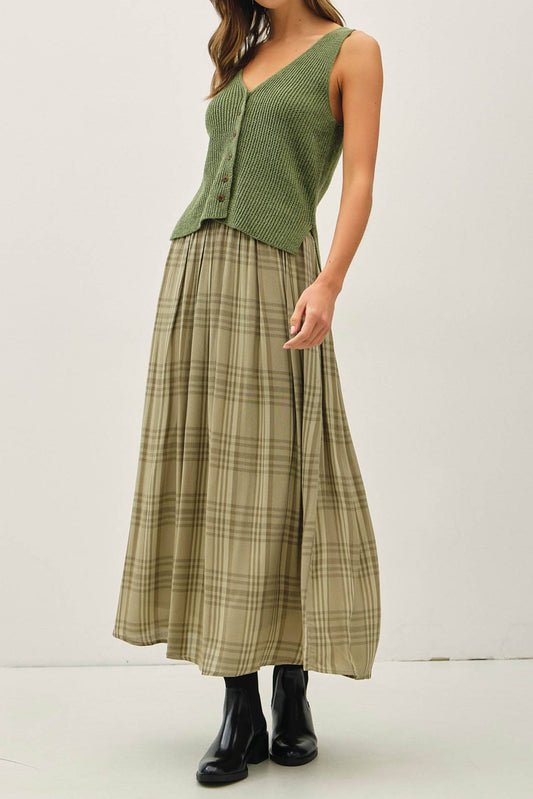 PLAID PRINTED PLEATS MIDI SKIRT