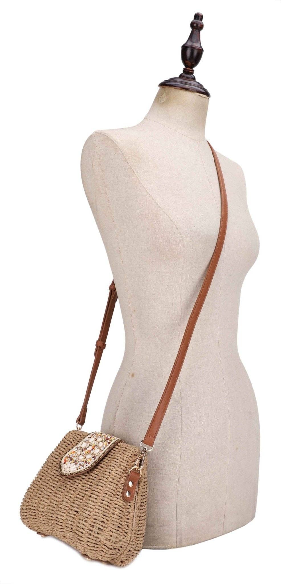 Straw Crossbody Bag Beaded Buckle