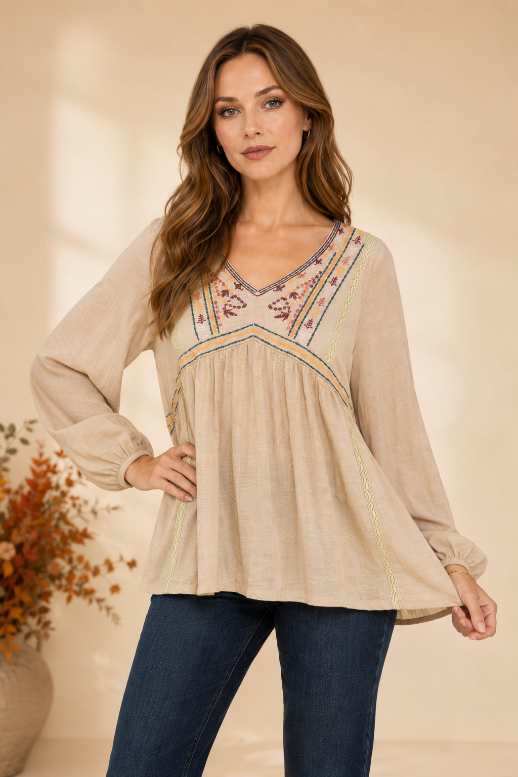 Floral Embroidered Balloon Sleeve