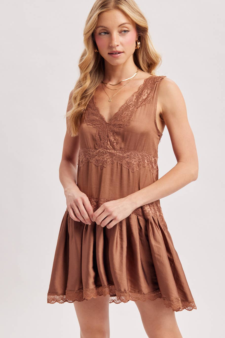 SATIN SLIP V-NECK LACE TRIMMED BABYDOLL MINI DRESS