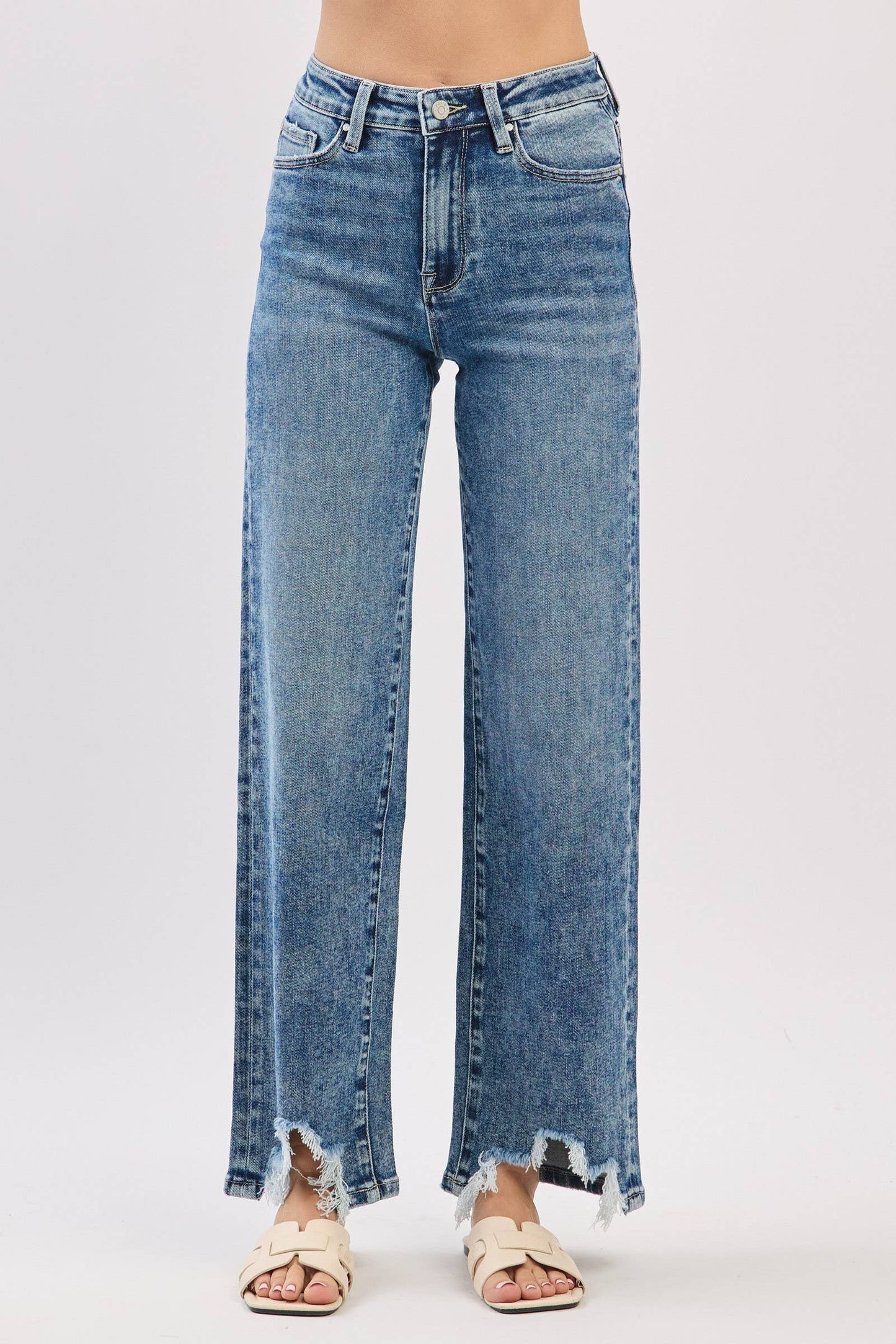 HIGH RISE SLIM WIDE LEG W/ DESTROYED HEM JEANS