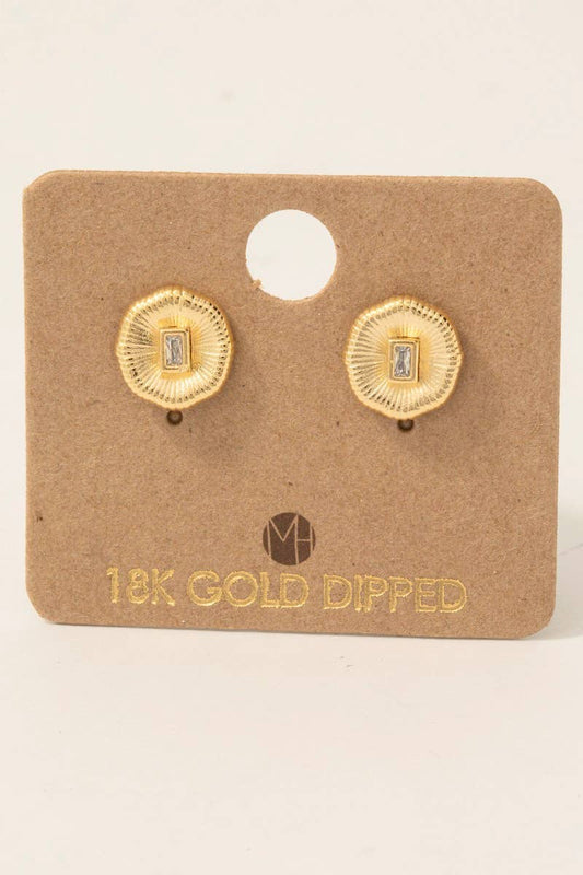 Gold Dipped Circle Baguette Rhinestone Stud Earrings