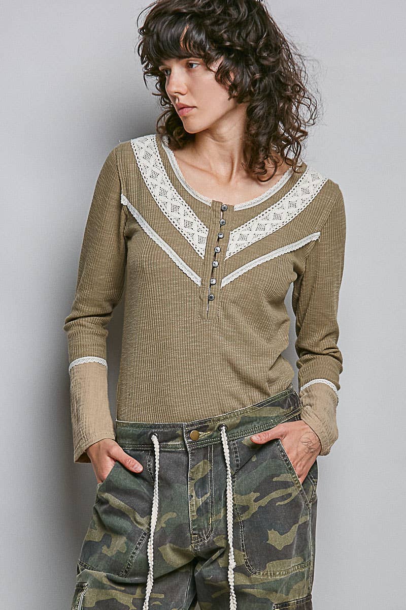 Long sleeve double gauze solid knit rib top