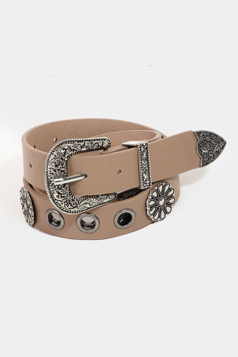 Western Etched Buckle Faux Leather Belt