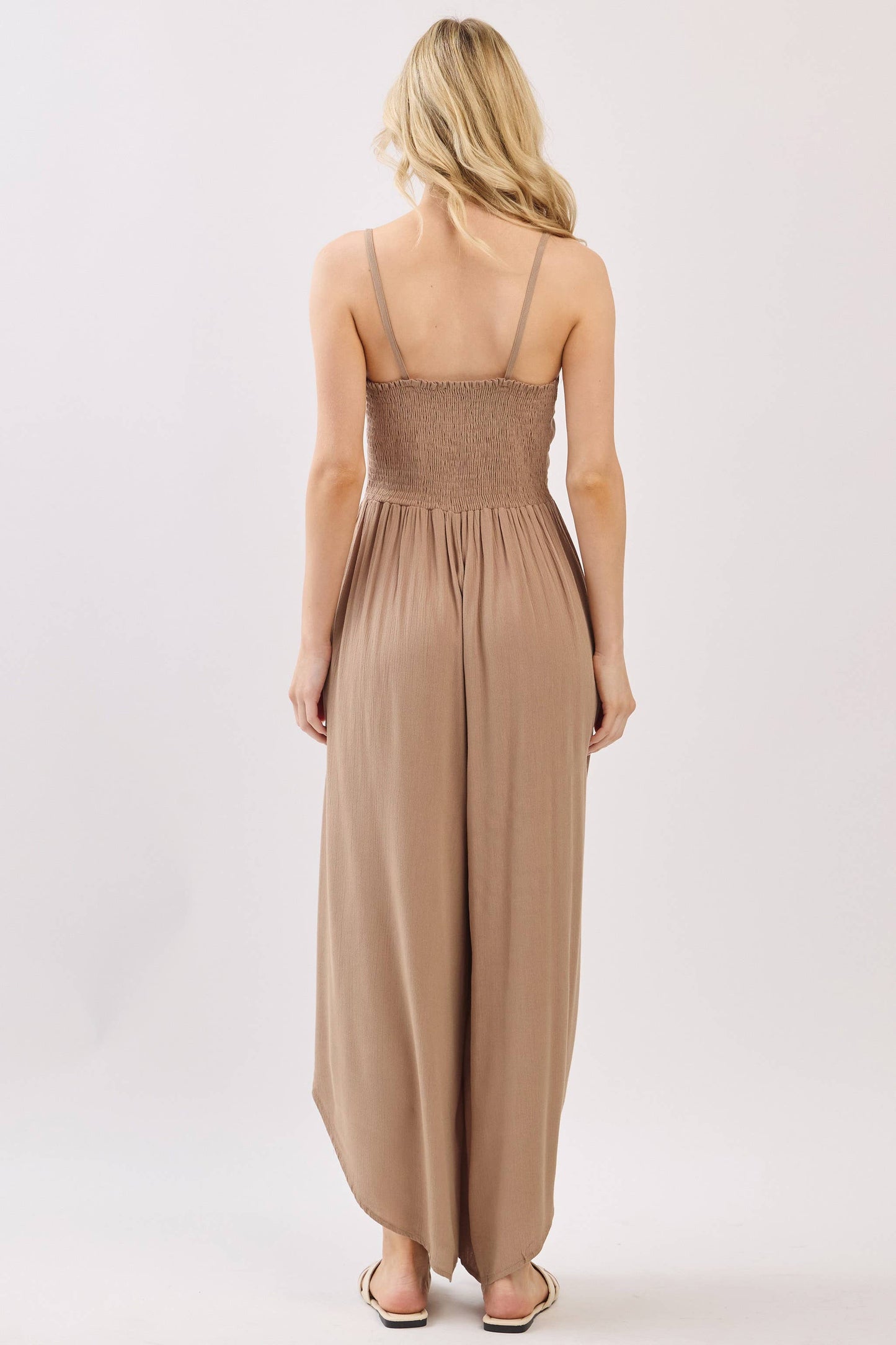 Woven Solid Front Ruched Midi Jumpsuit - VNJU60322