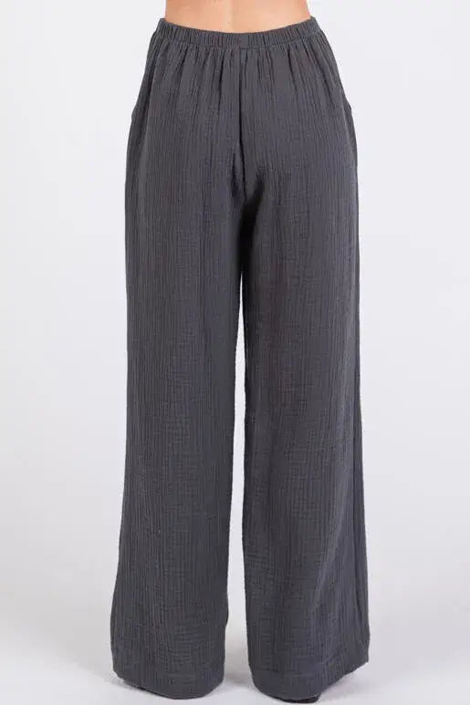 Gauze Waist Elastic Wide Leg Pants - NP70166B