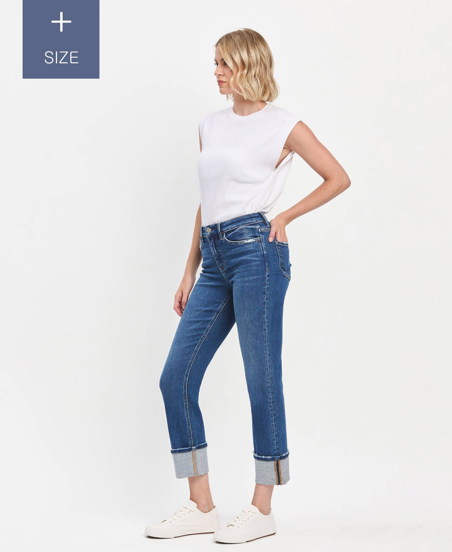 PLUS SIZE HIGH RISE CUFFED SLIM STRAIGHT JEANS