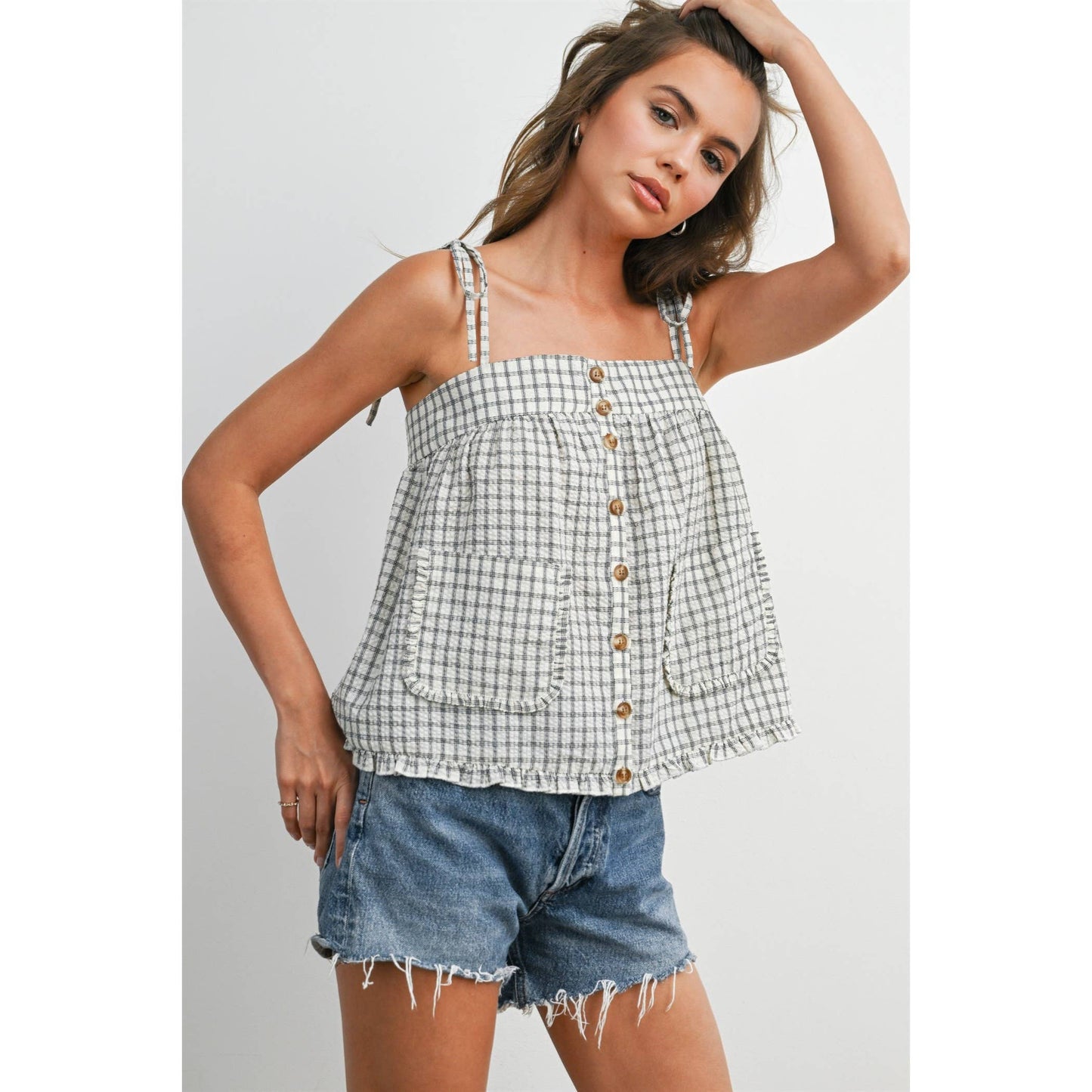 Plaid Tie Shoulder Tank Top-BMT8424