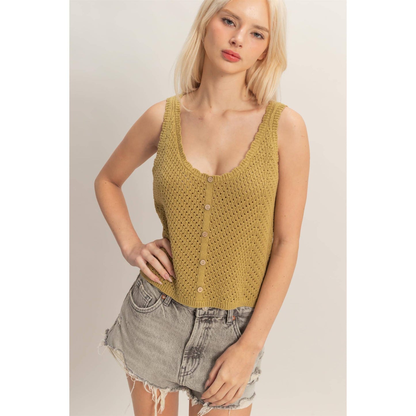 Open Knit Scallop Edge Button Front Tank Top
