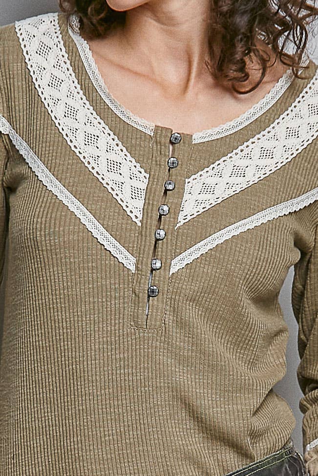 Long sleeve double gauze solid knit rib top