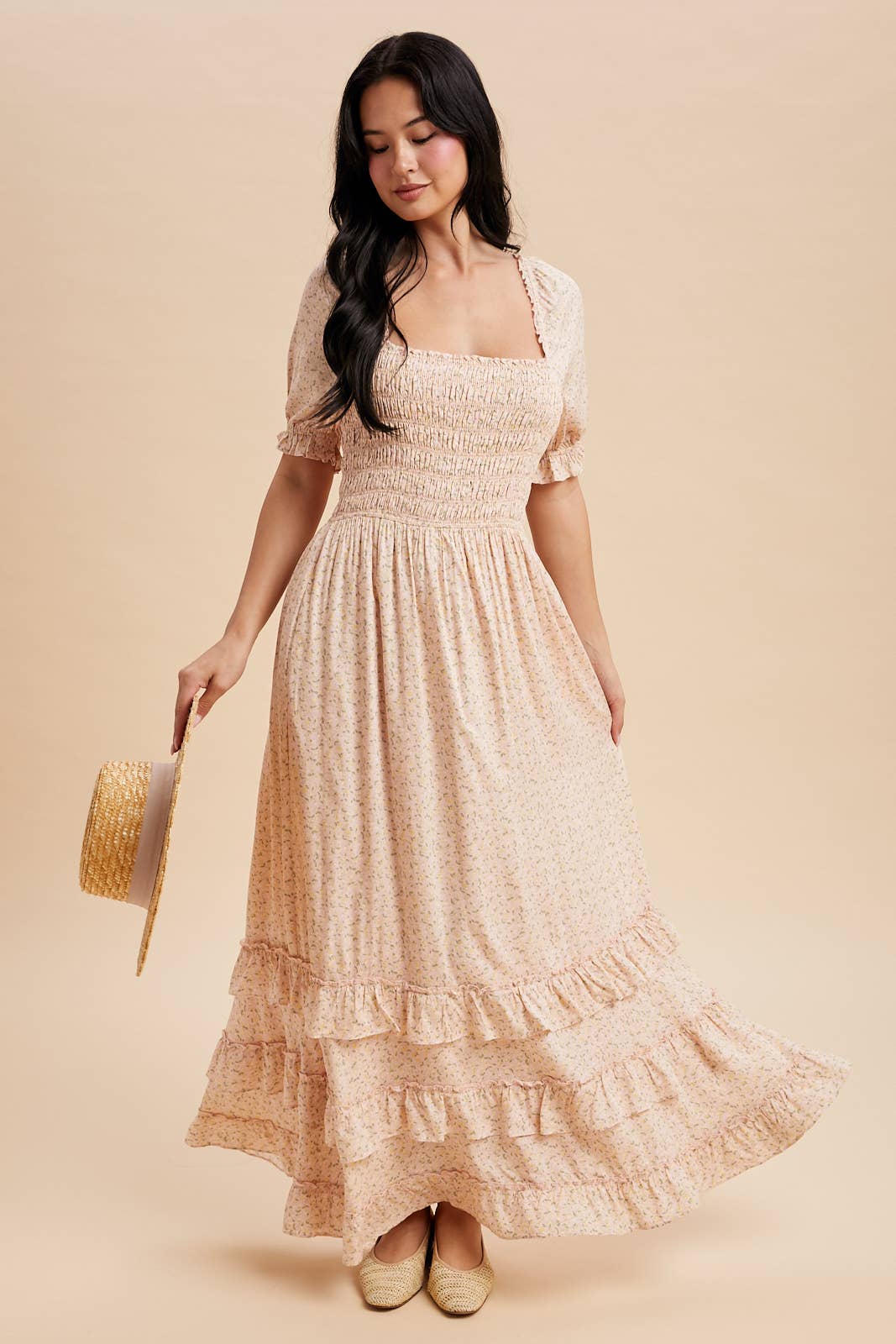 SMOCKED FLORAL MAXI DRESS
