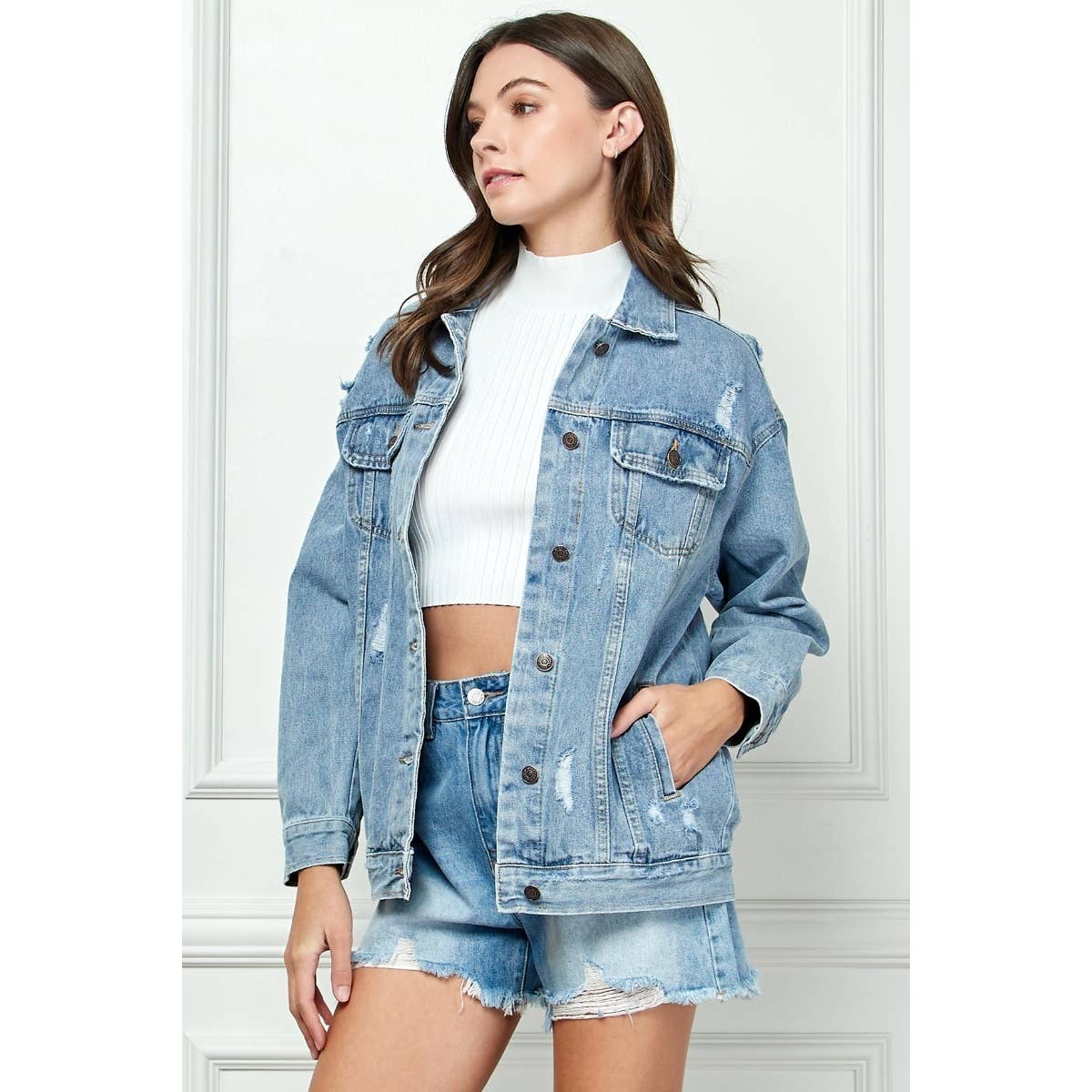 Med Wash Distressed Classic Denim Jacket