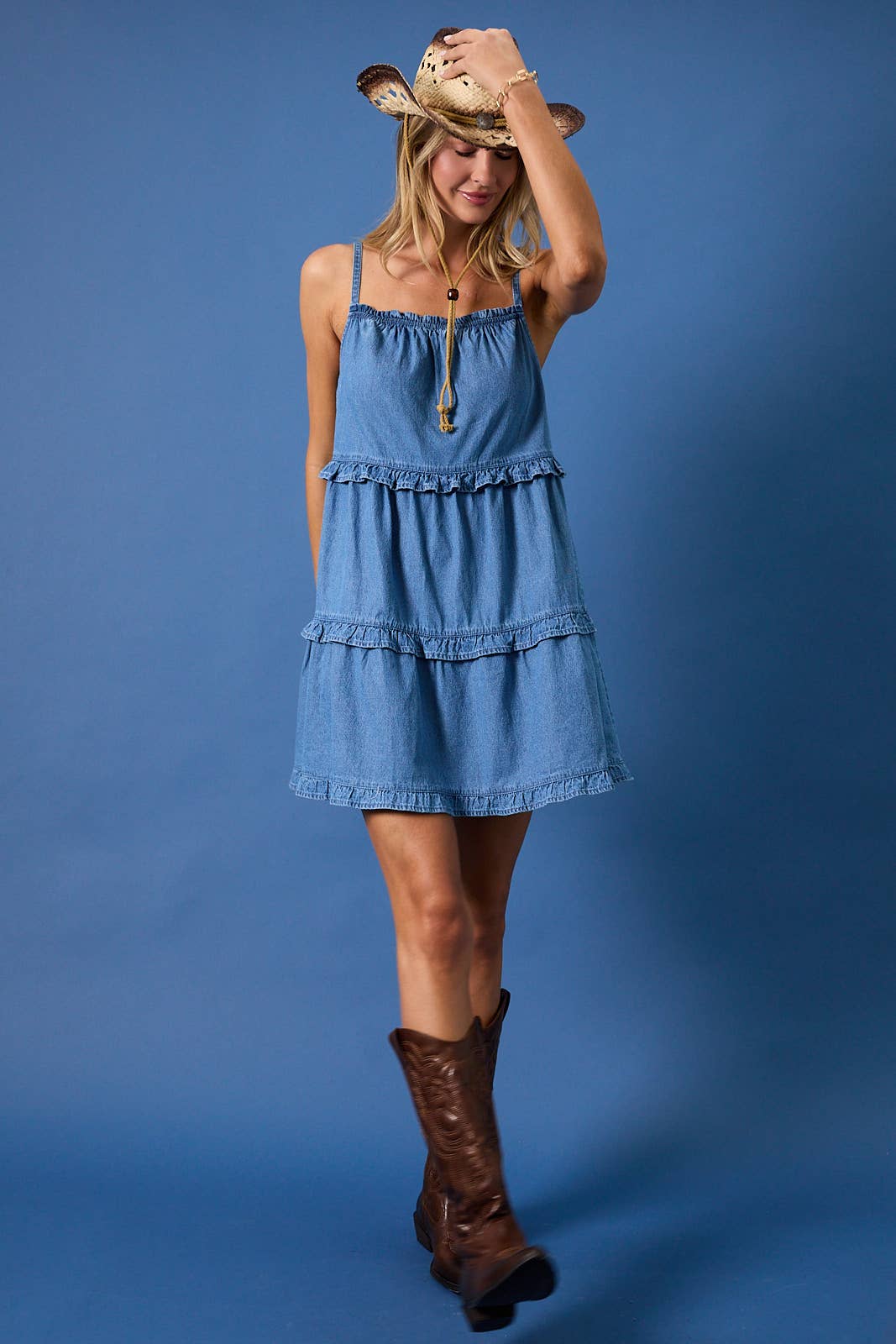 RUFFLE DETAIL DENIM MINI DRESS
