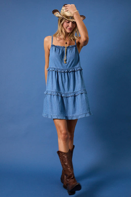 RUFFLE DETAIL DENIM MINI DRESS