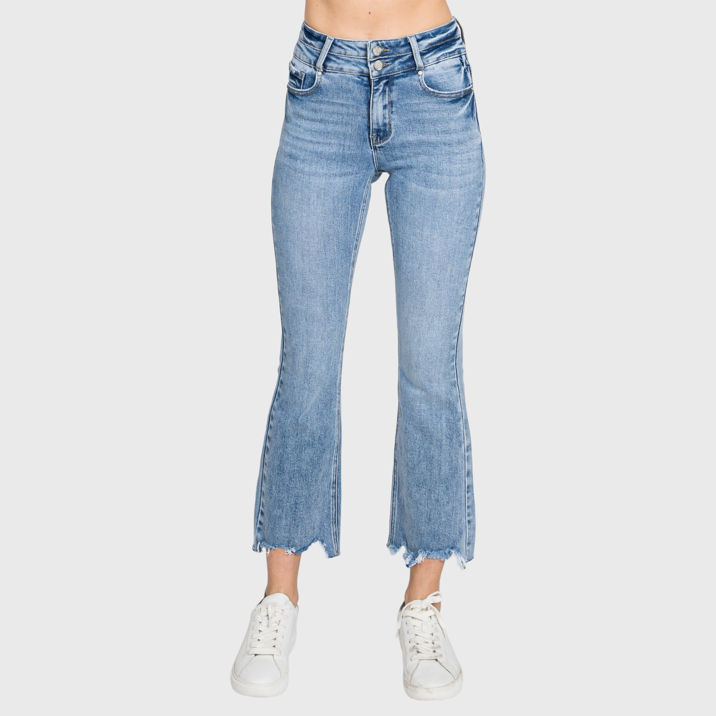 HIGH RISE CROP BOOTCUT JEANS W/ FRAYED HEM