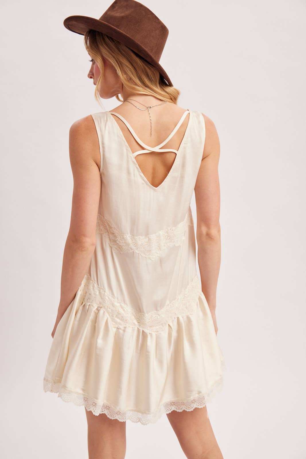 SATIN SLIP V-NECK LACE TRIMMED BABYDOLL MINI DRESS