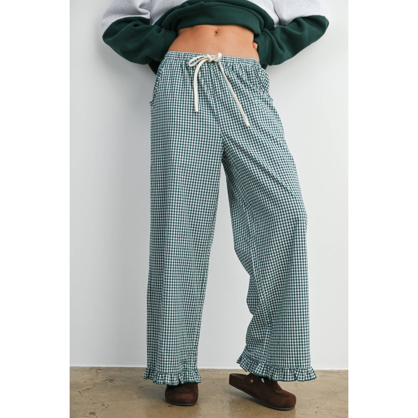 Women's Striped Ruffle Hem Cropped Pants- BMP8476