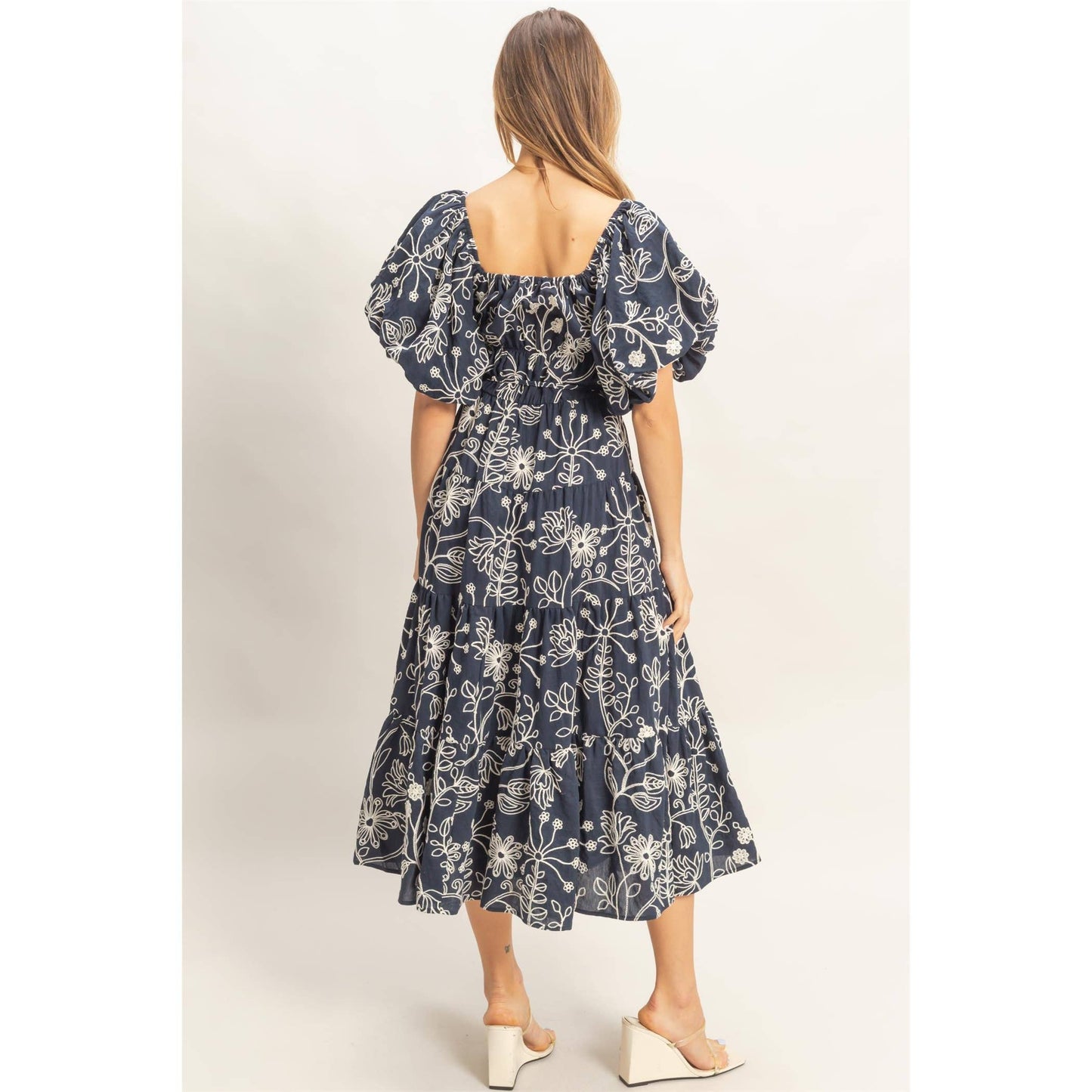Floral Puff Sleeve Midi Dress: LIGHT BROWN / S-M-L(2-2-2)