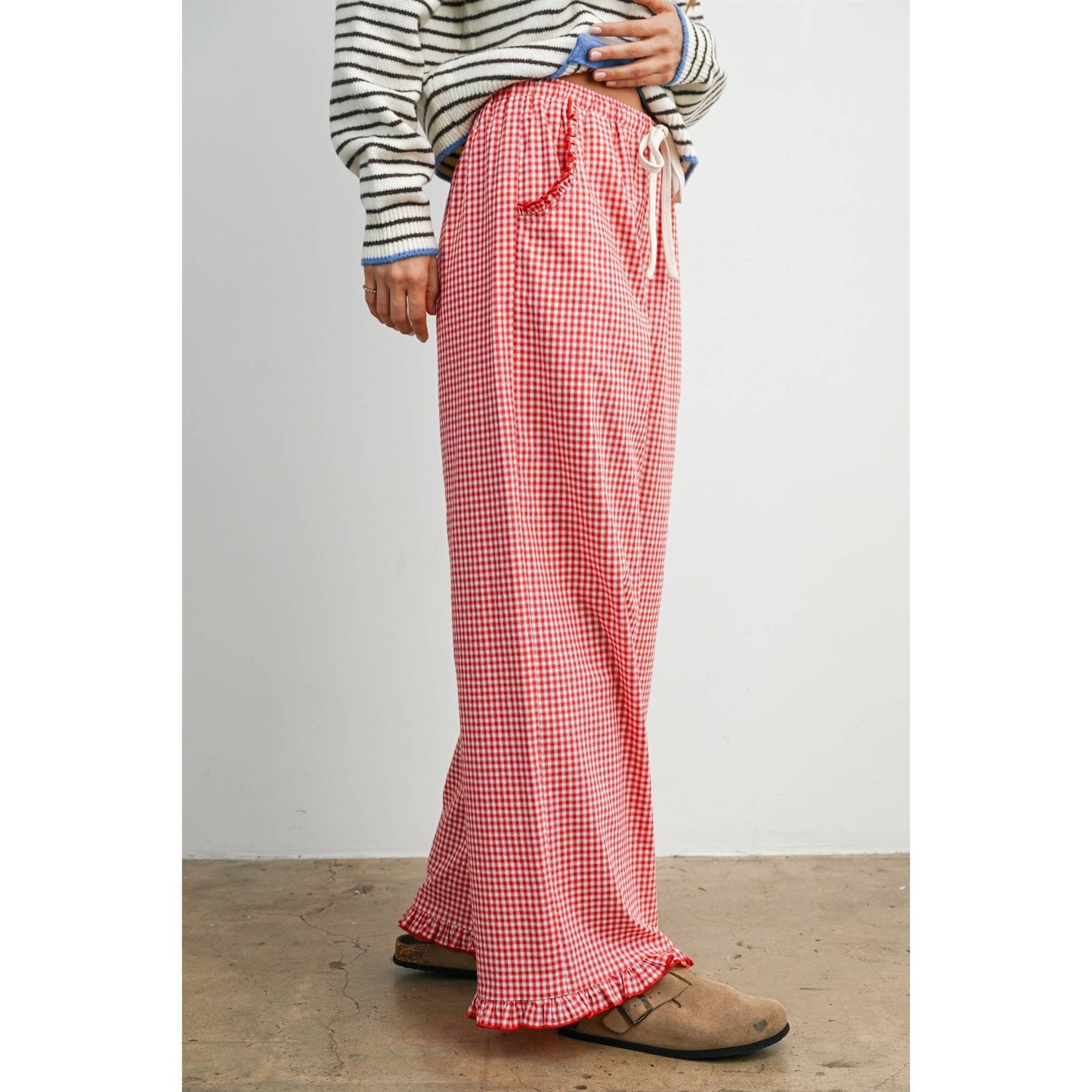 Women's Striped Ruffle Hem Cropped Pants- BMP8476