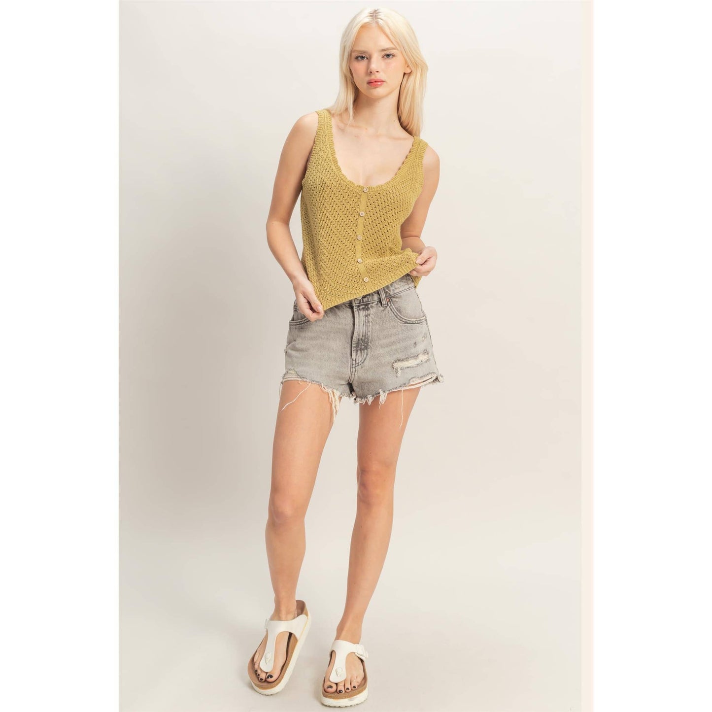 Open Knit Scallop Edge Button Front Tank Top