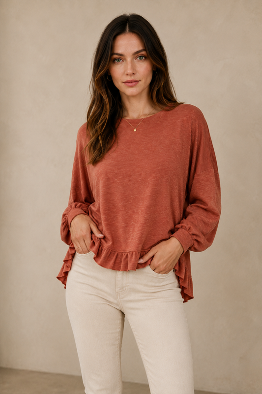 Knit Crewneck Ruffle High-Low