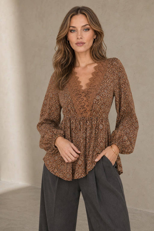 Boho Lace Trim Peasant Top