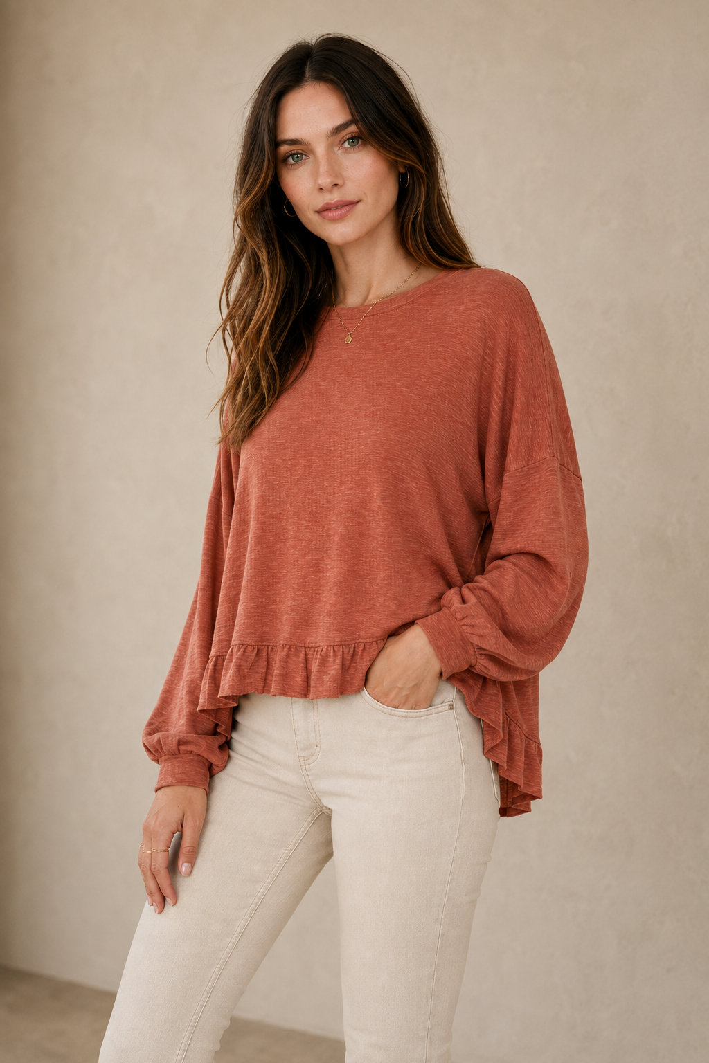 Knit Crewneck Ruffle High-Low