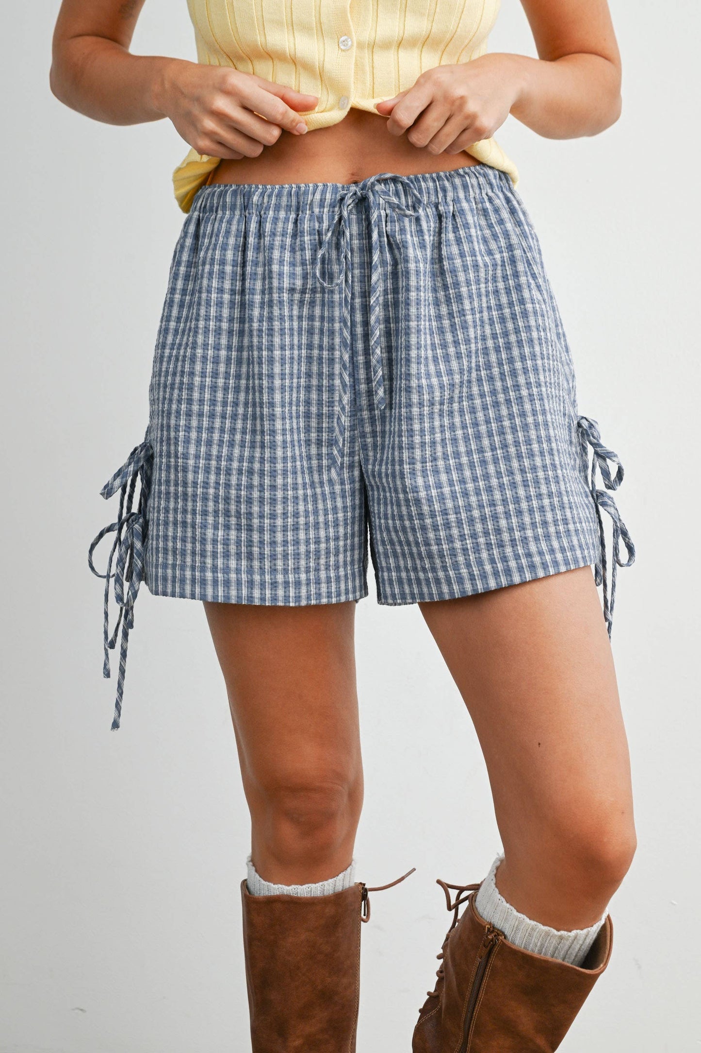 Plaid Side-Tie Elastic Waist Shorts - BMP8195